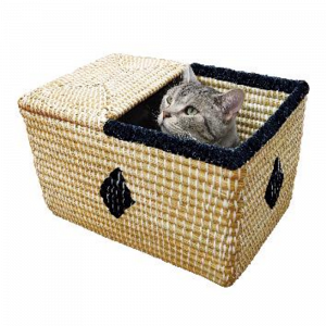 Doggyman Japanese Woven Cat Basket Bed With Denim Fabric